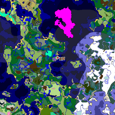 Predicted biome map of Java 1.21.4 seed -6411176359914164427 around estimated spawn