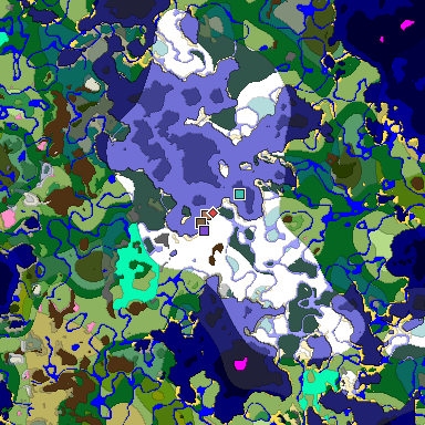 Predicted biome map of Java 1.21.4 seed 4251606539236190675 around estimated spawn