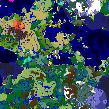 Predicted biome map of Java 1.21.4 seed -6073117191388041052 around estimated spawn