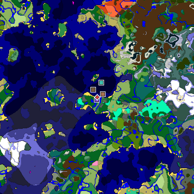 Predicted biome map of Java 1.21.4 seed 6307949383999189970 around estimated spawn