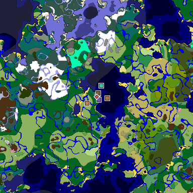 Predicted biome map of Java 1.21.4 seed 7394432594465025642 around estimated spawn