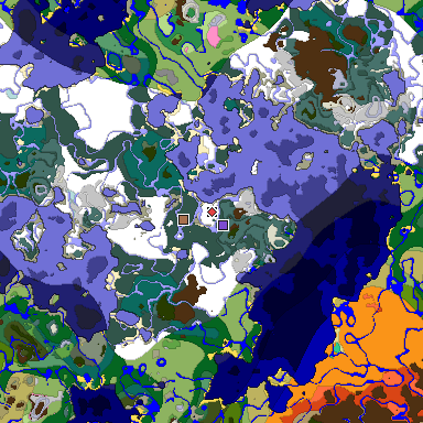 Predicted biome map of Java 1.21.4 seed -7972975436253550037 around estimated spawn