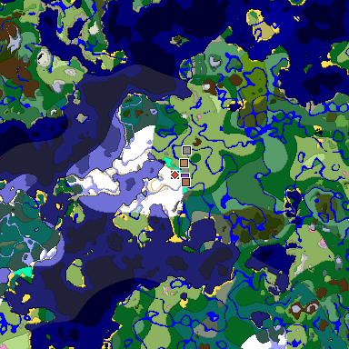Predicted biome map of Java 1.21.4 seed -3613243922037223092 around estimated spawn