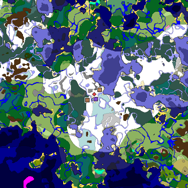 Predicted biome map of Java 1.21.4 seed -2882073484398373335 around estimated spawn