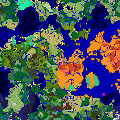 Predicted biome map of Java 1.21.4 seed -6101559649664744542 around estimated spawn