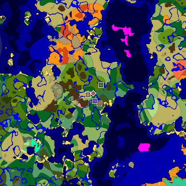 Predicted biome map of Java 1.21.4 seed 9076115499611847205 around estimated spawn