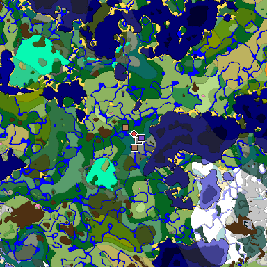 Predicted biome map of Java 1.21.4 seed 1420941604380359593 around estimated spawn