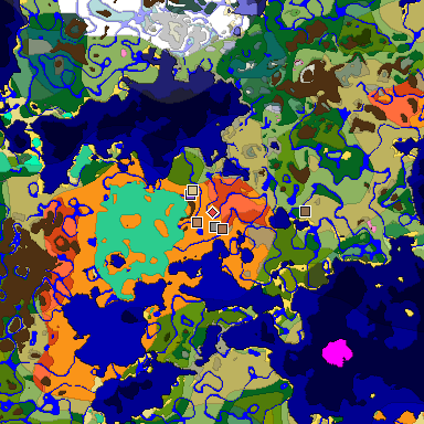 Predicted biome map of Java 1.21.4 seed -4666392259414323371 around estimated spawn