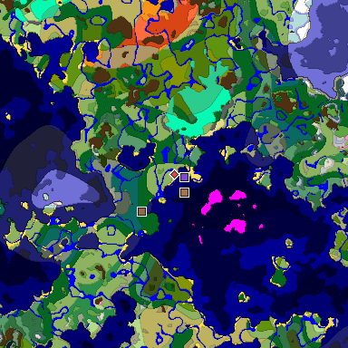 Predicted biome map of Java 1.21.4 seed 6931851191763091457 around estimated spawn
