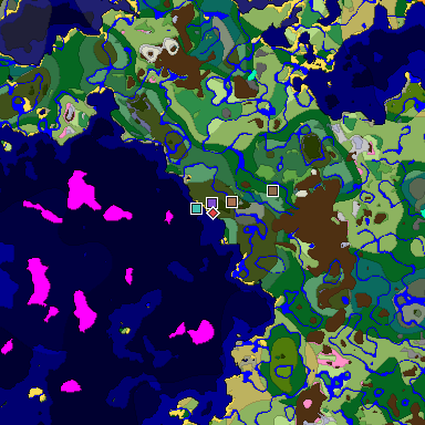 Predicted biome map of Java 1.21.4 seed -8710566668912647179 around estimated spawn
