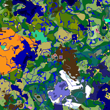 Predicted biome map of Java 1.21.4 seed -5884429446245014497 around estimated spawn
