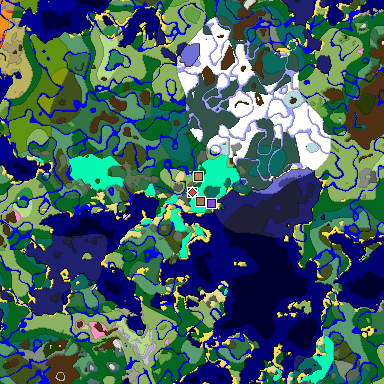 Predicted biome map of Java 1.21.4 seed 4922347545642277001 around estimated spawn