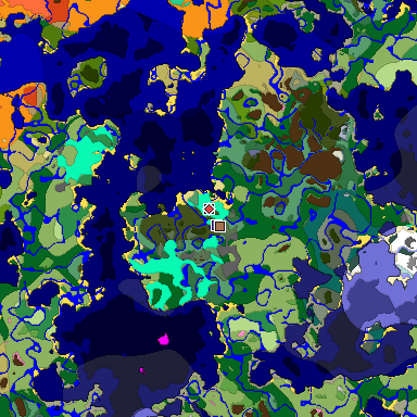 Predicted biome map of Java 1.21.4 seed -7601483993970923775 around estimated spawn