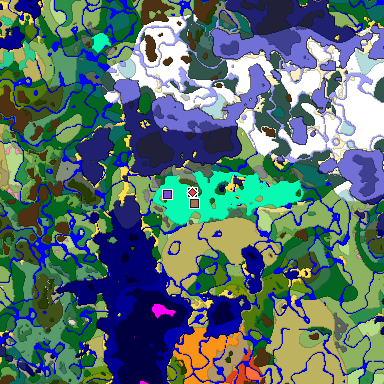 Predicted biome map of Java 1.21.4 seed -6219361656424304535 around estimated spawn