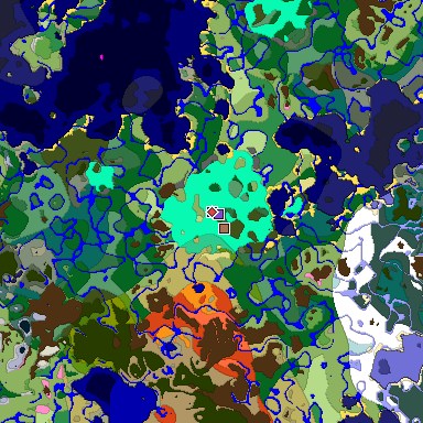 Predicted biome map of Java 1.21.4 seed -7652212277670950650 around estimated spawn