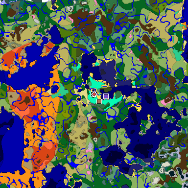 Predicted biome map of Java 1.21.4 seed -4410962570836691424 around estimated spawn