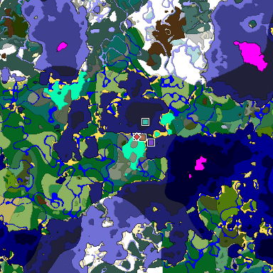 Predicted biome map of Java 1.21.4 seed 6969068547175317513 around estimated spawn