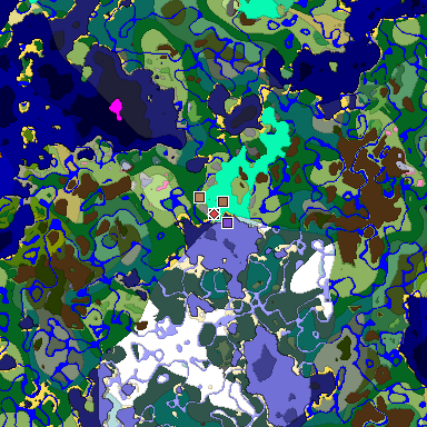 Predicted biome map of Java 1.21.4 seed -1388236534873410698 around estimated spawn