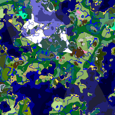 Predicted biome map of Java 1.21.4 seed 5488729484840160357 around estimated spawn
