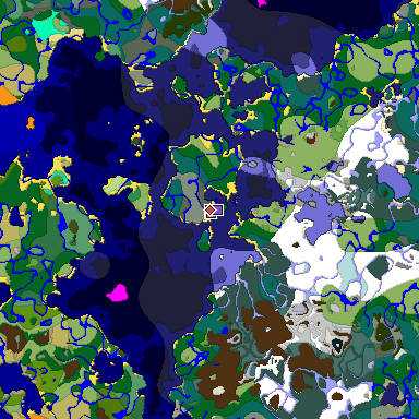 Predicted biome map of Java 1.21.4 seed -2401847126670292304 around estimated spawn