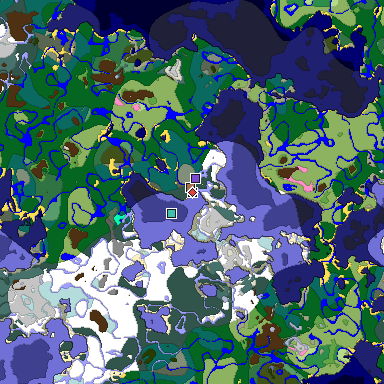 Predicted biome map of Java 1.21.4 seed 3612468922783498799 around estimated spawn