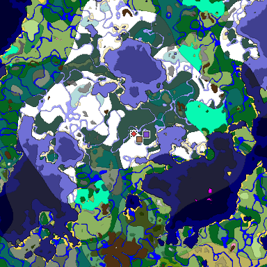 Predicted biome map of Java 1.21.4 seed -7210410842173157843 around estimated spawn
