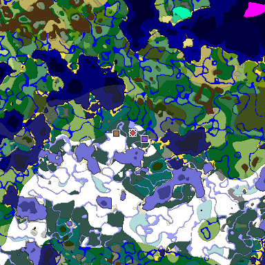 Predicted biome map of Java 1.21.4 seed 161215657868241706 around estimated spawn