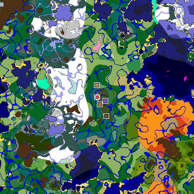 Predicted biome map of Java 1.21.4 seed 8285239299171935580 around estimated spawn