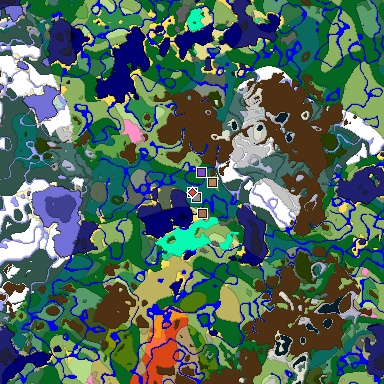 Predicted biome map of Java 1.21.4 seed 936459753244320891 around estimated spawn