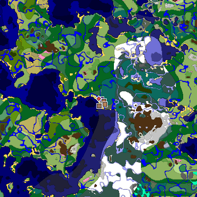 Predicted biome map of Java 1.21.4 seed 516037501030350957 around estimated spawn