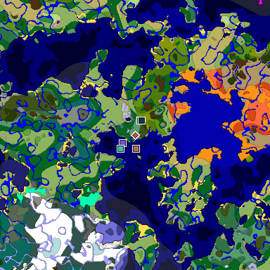 Predicted biome map of Java 1.21.4 seed 586979187299771550 around estimated spawn