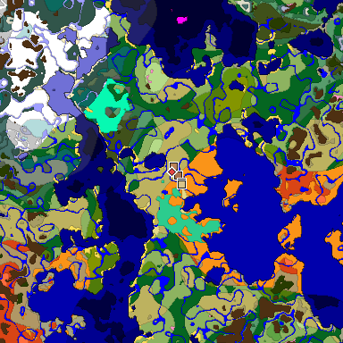 Predicted biome map of Java 1.21.4 seed -7638999656149216601 around estimated spawn