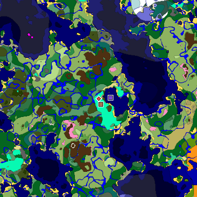 Predicted biome map of Java 1.21.4 seed 3535074993280618071 around estimated spawn
