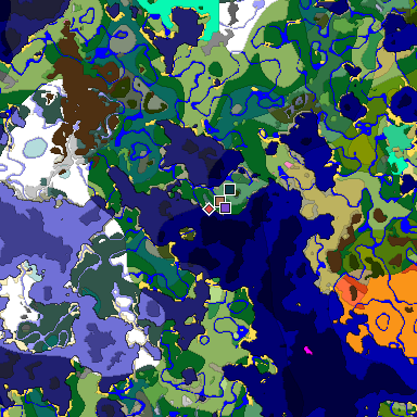 Predicted biome map of Java 1.21.4 seed 7259943612404626569 around estimated spawn