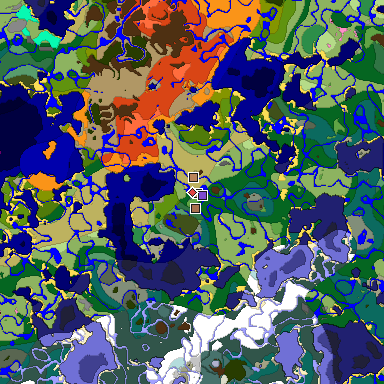 Predicted biome map of Java 1.21.4 seed 49977836856767167 around estimated spawn