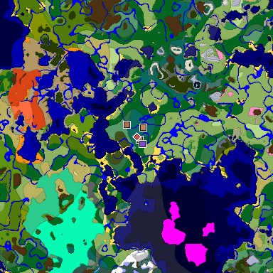 Predicted biome map of Java 1.21.4 seed -8767452620239533166 around estimated spawn