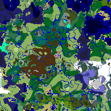 Predicted biome map of Java 1.21.4 seed 132729440961649998 around estimated spawn