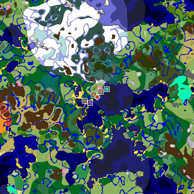 Predicted biome map of Java 1.21.4 seed -2528803369774677227 around estimated spawn