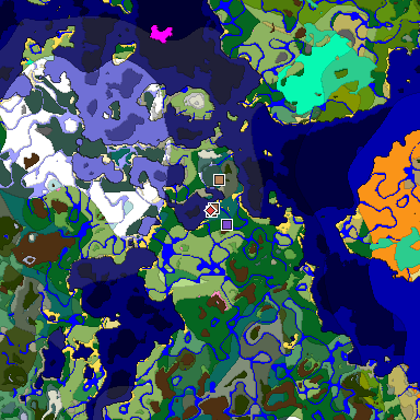 Predicted biome map of Java 1.21.4 seed -909332809246282736 around estimated spawn