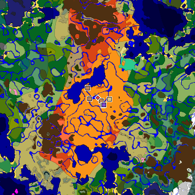 Predicted biome map of Java 1.21.4 seed -7671666454530044561 around estimated spawn