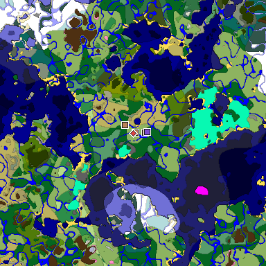 Predicted biome map of Java 1.21.4 seed -6269664956151326909 around estimated spawn