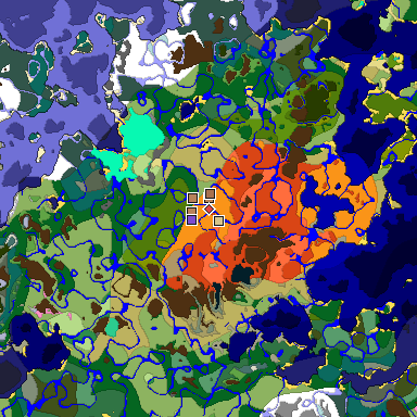 Predicted biome map of Java 1.21.4 seed -7315896094507055907 around estimated spawn