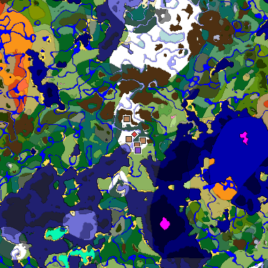 Predicted biome map of Java 1.21.4 seed -7345609673050316927 around estimated spawn