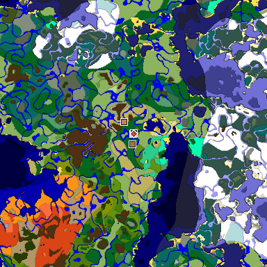 Predicted biome map of Java 1.21.4 seed 2157448077418484207 around estimated spawn