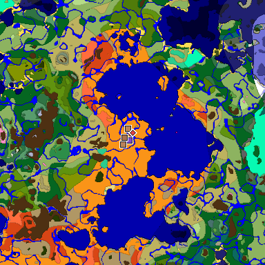 Predicted biome map of Java 1.21.4 seed 494454028760391852 around estimated spawn