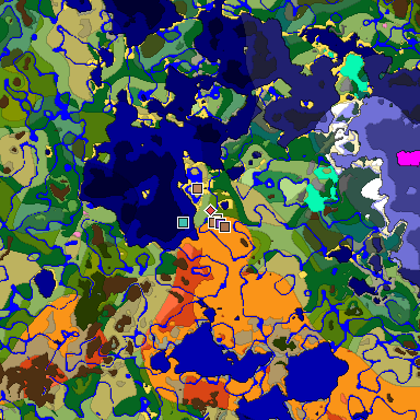 Predicted biome map of Java 1.21.4 seed -3258635812012409526 around estimated spawn