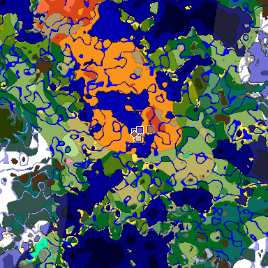 Predicted biome map of Java 1.21.4 seed 7688946236167982237 around estimated spawn