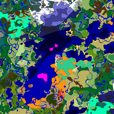 Predicted biome map of Java 1.21.4 seed 8376819542389698364 around estimated spawn