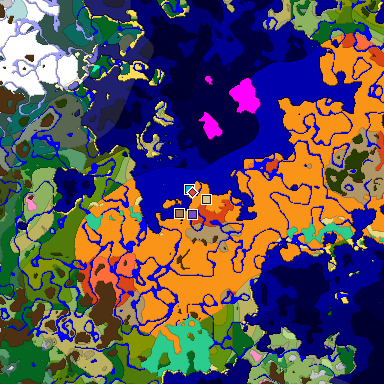 Predicted biome map of Java 1.21.4 seed 5546031302357522895 around estimated spawn