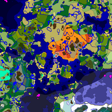 Predicted biome map of Java 1.21.4 seed 7861029023260354750 around estimated spawn